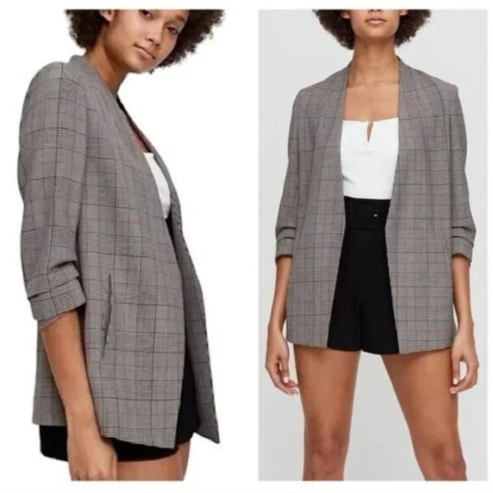 BABATON ARITZIA Women's 12 Power Open Blazer Black Tan Gray Plaid Ruche Sleeve